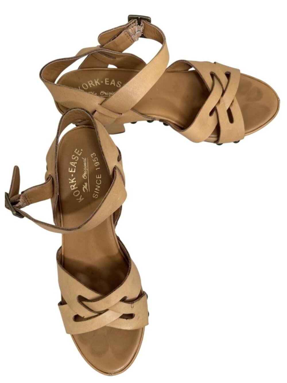 Kork-Ease Womens Leather Strappy Sandals Size 7 Tan Wedge Heel & Buckle